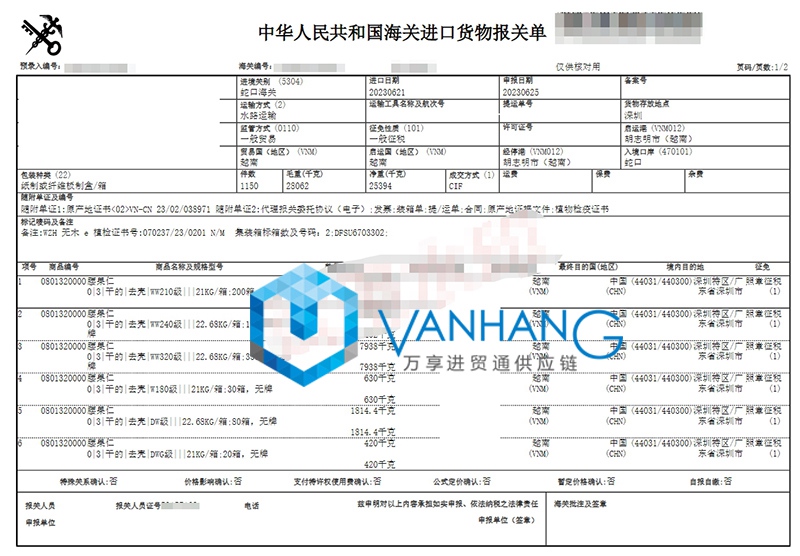 深圳进口越南腰果仁报关资料